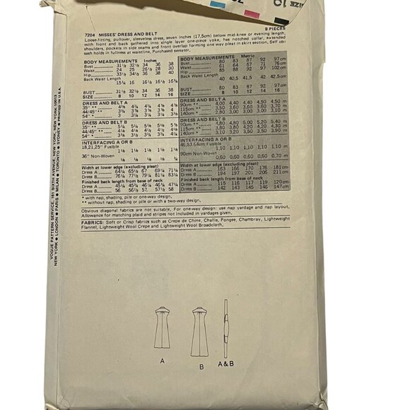 Vogue 7204 Vintage Sewing Pattern For Misses Dress & Belt Size 10 - Picture 2 of 3